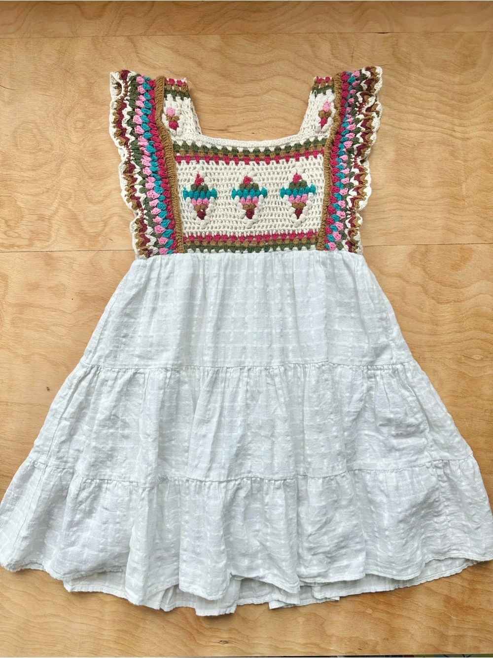 Zara Kids Crochet Granny Square Tiered Dress Size 8 Boho White Multicolor